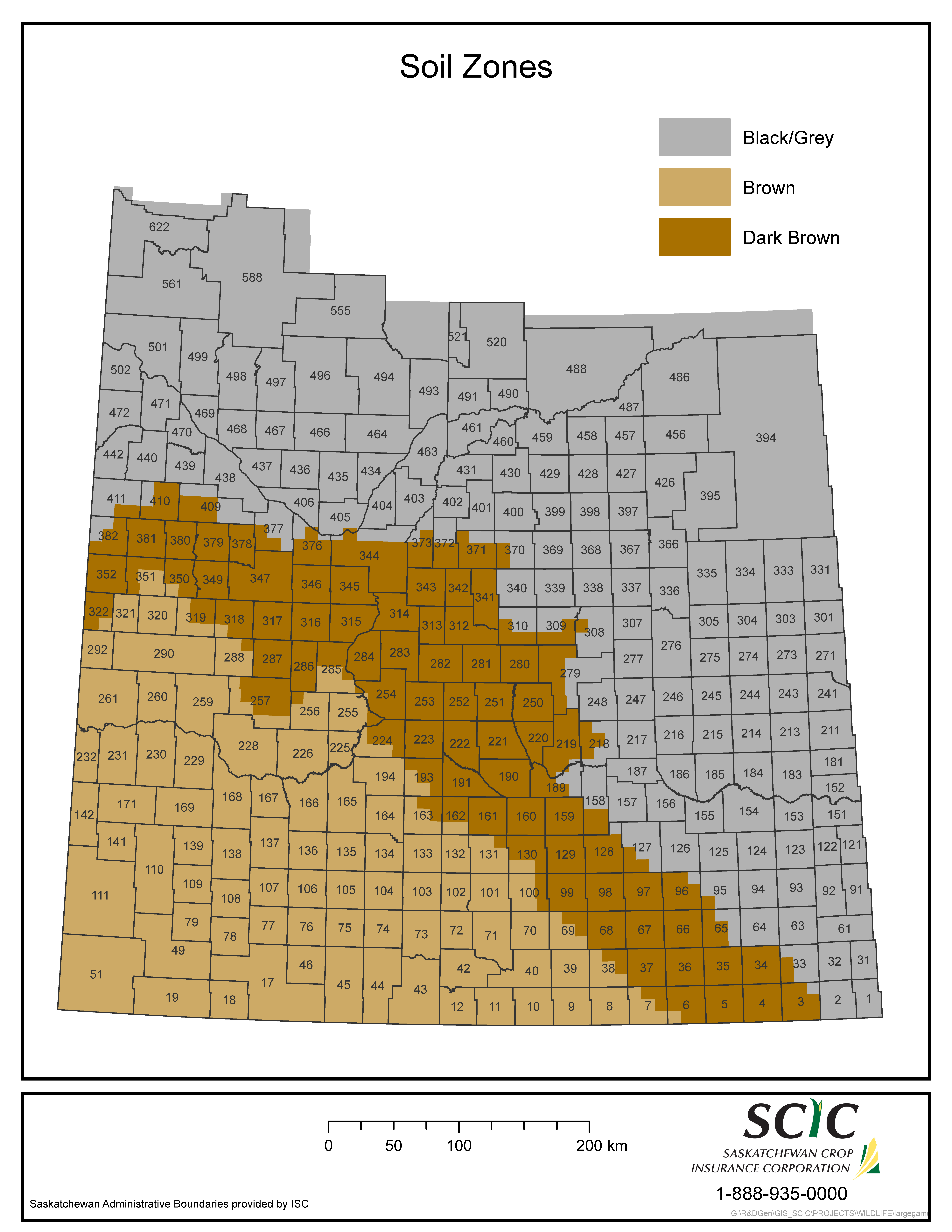 Map of Saskatchewan soil zones showing Black, Dark Brown and Brown soil bands with RM (Rural Municipality) numbers