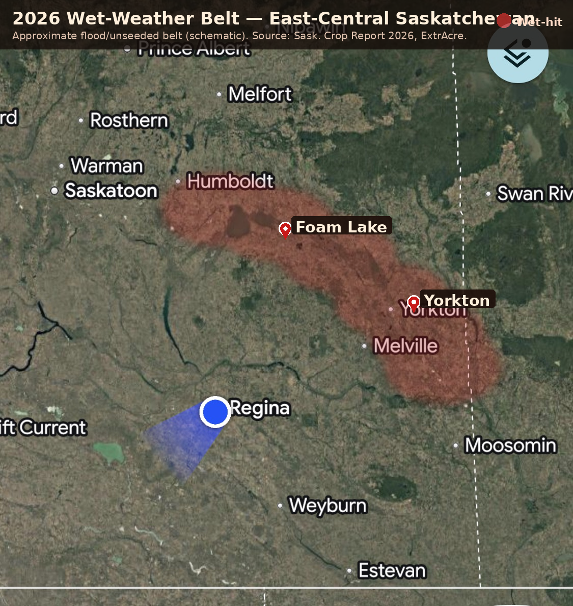 Satellite map of east-central Saskatchewan with the 2026 wet-weather flood and unseeded belt shaded in red, running from near Humboldt through Foam Lake to Yorkton and Melville